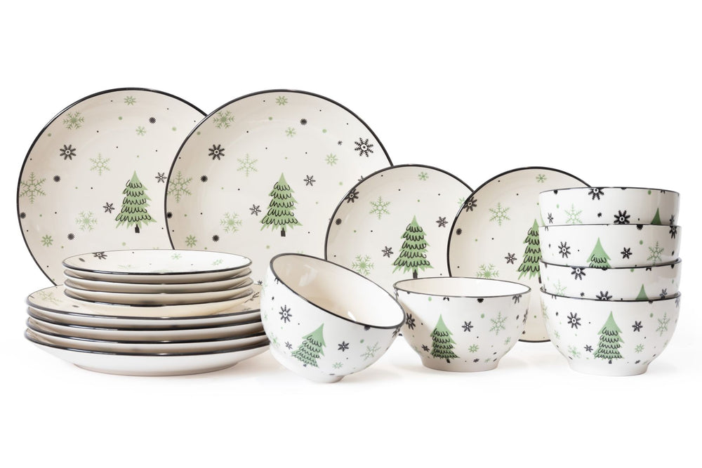 Cookinglife Serviesset - Kerstservies - Aardewerk - Groen 18-delig / 6 personen - 6 dinerborden, 6 ontbijtborden & 6 kommen