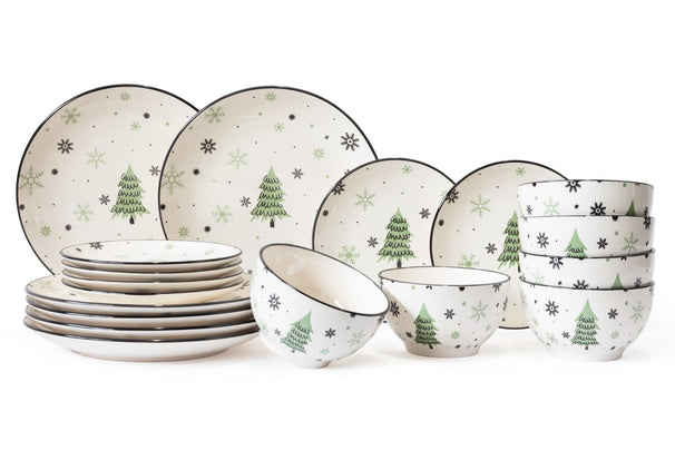 Cookinglife Serviesset - Kerstservies - Aardewerk - Groen 18-delig / 6 personen - 6 dinerborden, 6 ontbijtborden & 6 kommen