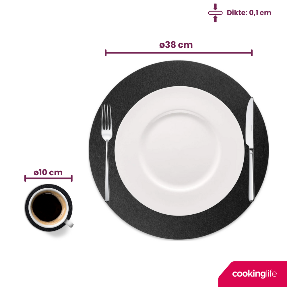 Cookinglife 6 Placemats + 6 Onderzetters - Rond - Afwasbaar - Zwart