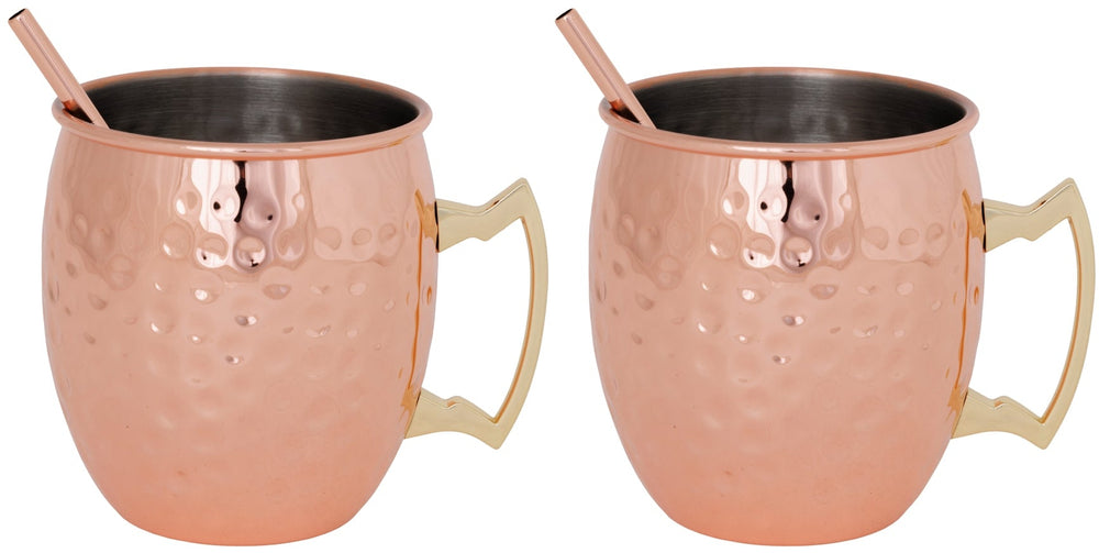 Cosy & Trendy Moscow Mule Cocktailbekers met Rietjes - Gehamerd Koper - 450 ml - 2 Stuks