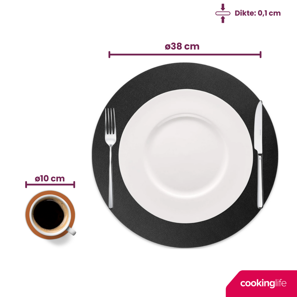 Cookinglife 6 Placemats + 6 Onderzetters - Dubbelzijdig - Rond - Afwasbaar - Zwart / Cognac