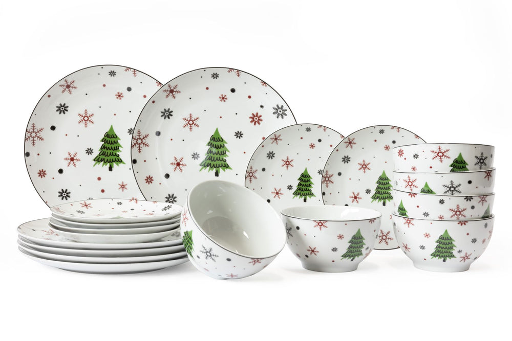Cookinglife Serviesset - Kerstservies - Porselein - Rood 18-delig / 6 personen - 6 dinerborden, 6 ontbijtborden & 6 kommen