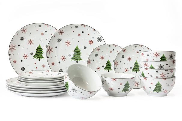 Cookinglife Serviesset - Kerstservies - Porselein - Rood 18-delig / 6 personen - 6 dinerborden, 6 ontbijtborden & 6 kommen