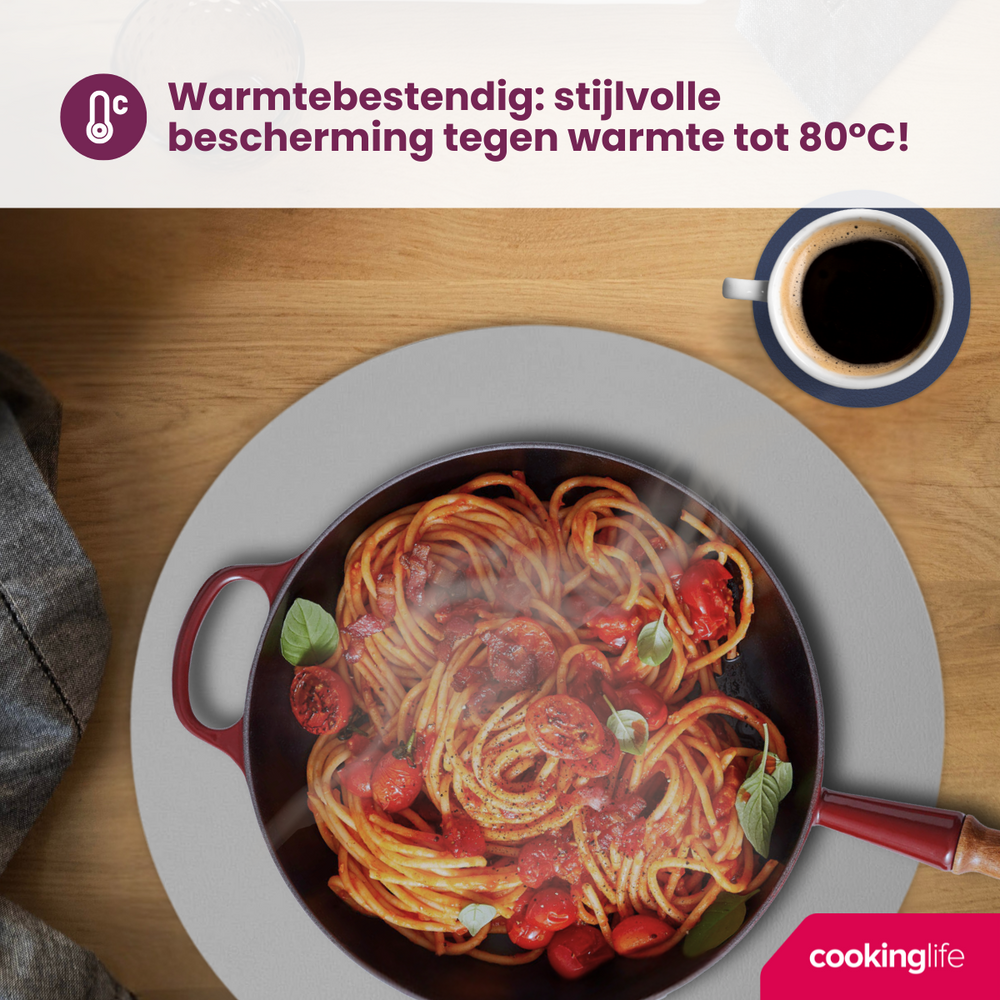 Cookinglife 6 Placemats + 6 Onderzetters - Dubbelzijdig - Rond - Afwasbaar - Blauw / Grijs