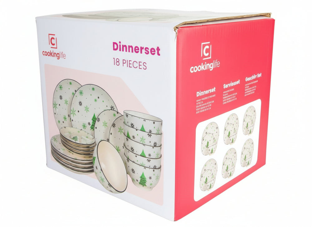 Cookinglife Serviesset - Kerstservies - Aardewerk - Groen 18-delig / 6 personen - 6 dinerborden, 6 ontbijtborden & 6 kommen
