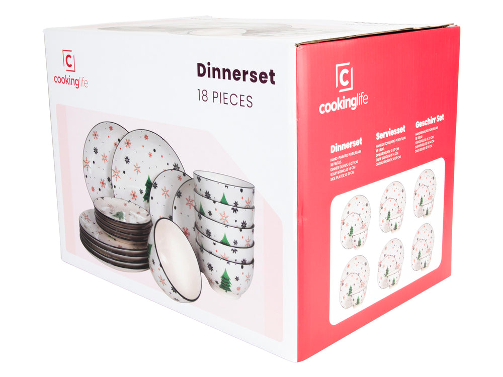 Cookinglife Serviesset - Kerstservies - Porselein - Rood 18-delig / 6 personen - 6 dinerborden, 6 ontbijtborden & 6 kommen