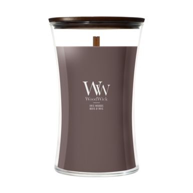WoodWick Geurkaars Large Iris Woods - 18 cm / ø 10 cm - Geurkaars in Glas - Houten Lont