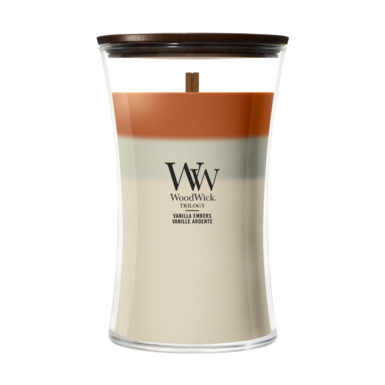 WoodWick Geurkaars  Large Trilogy Vanilla Embers - 18 cm / ø 10 cm - Geurkaars in Glas - Houten Lont