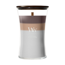 WoodWick Geurkaars Large Trilogy Radiant Cashmere - 18 cm / ø 10 cm - Geurkaars in Glas - Houten Lont