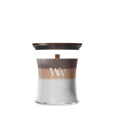 WoodWick Geurkaars Medium Trilogy Radiant Cashmere - 11 cm / ø 10 cm - Geurkaars in Glas - Houten Lont