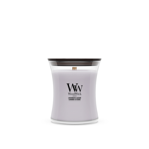 WoodWick Geurkaars Medium Lavender & Cedar - 11 cm / ø 10 cm - Geurkaars in Glas - Houten Lont