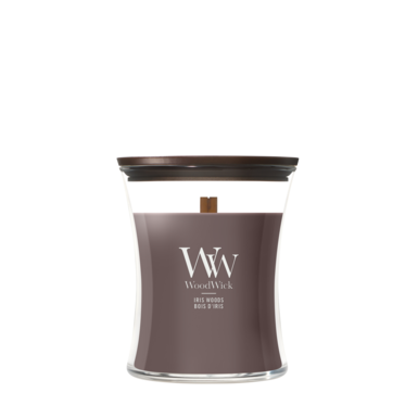 WoodWick Geurkaars Medium Iris Woods - 11 cm / ø 10 cm - Geurkaars in Glas - Houten Lont