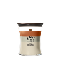 WoodWick Geurkaars Medium Trilogy Vanilla Embers - 11 cm / ø 10 cm - Geurkaars in Glas - Houten Lont