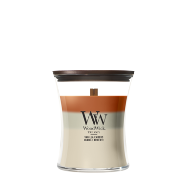 WoodWick Geurkaars Medium Trilogy Vanilla Embers - 11 cm / ø 10 cm - Geurkaars in Glas - Houten Lont