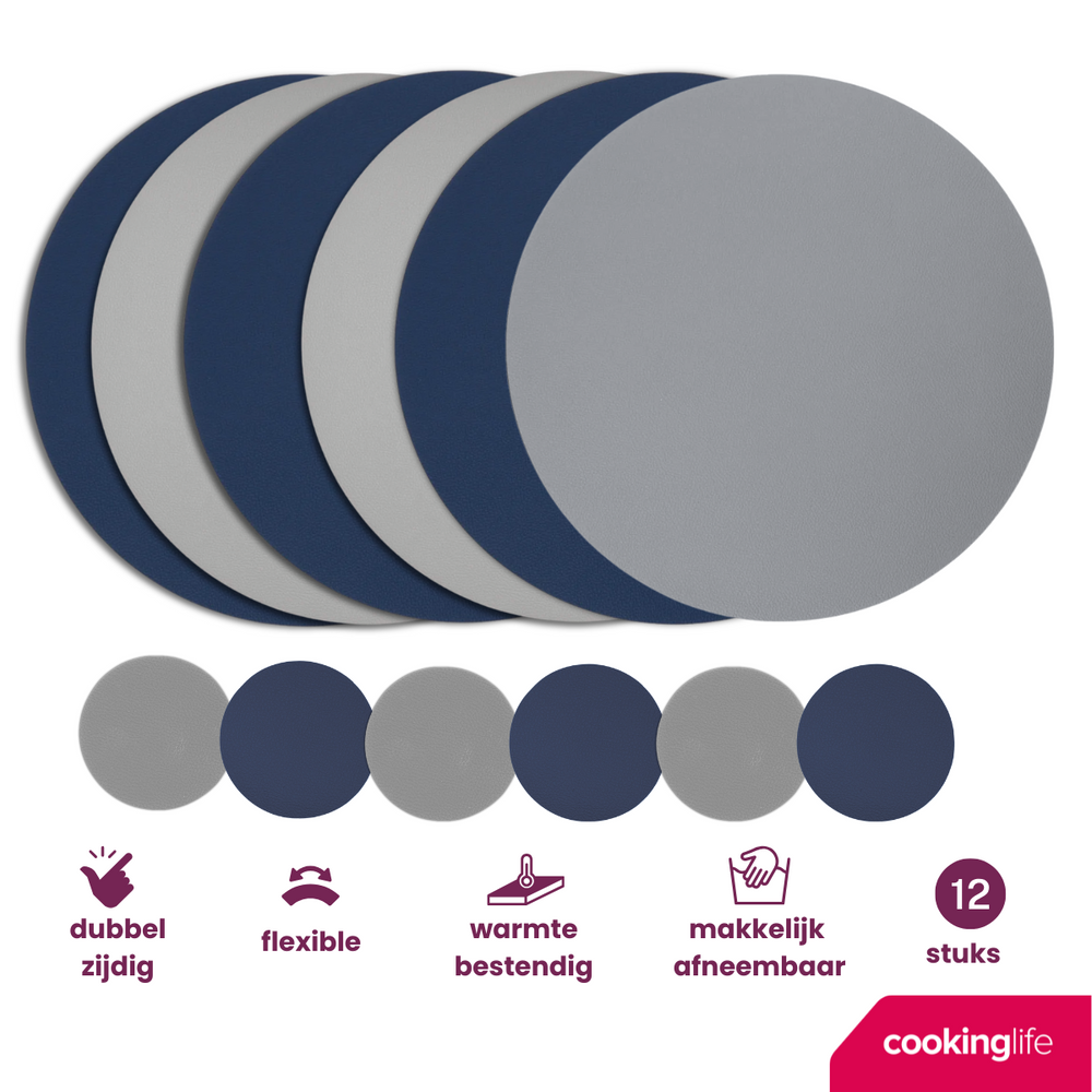 Cookinglife 6 Placemats + 6 Onderzetters - Dubbelzijdig - Rond - Afwasbaar - Blauw / Grijs