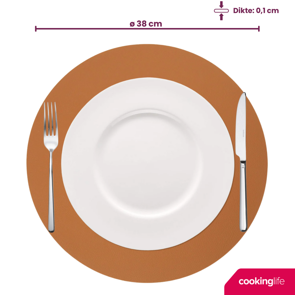 Cookinglife Placemats - Dubbelzijdig - Afwasbaar - Cognac / Zwart ø 38 cm - 6 Stuks