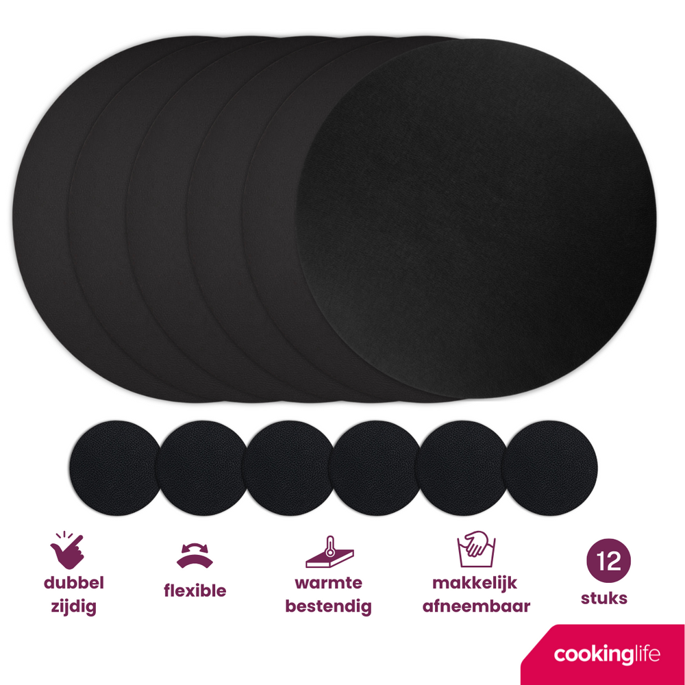 Cookinglife 6 Placemats + 6 Onderzetters - Rond - Afwasbaar - Zwart