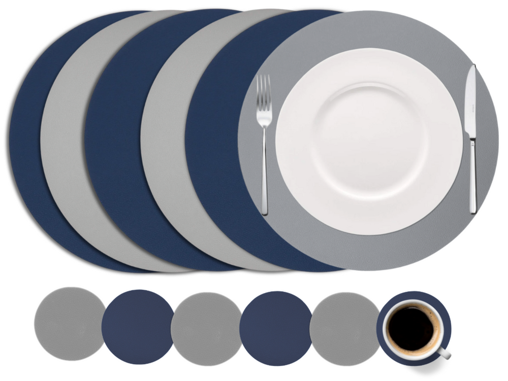 Cookinglife 6 Placemats + 6 Onderzetters - Dubbelzijdig - Rond - Afwasbaar - Blauw / Grijs