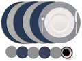 Cookinglife 6 Placemats + 6 Onderzetters - Dubbelzijdig - Rond - Afwasbaar - Blauw / Grijs