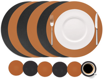 Cookinglife 6 Placemats + 6 Onderzetters - Dubbelzijdig - Rond - Afwasbaar - Zwart / Cognac