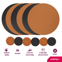Cookinglife 6 Placemats + 6 Onderzetters - Dubbelzijdig - Rond - Afwasbaar - Zwart / Cognac