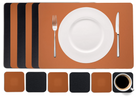 Cookinglife 6 Placemats + 6 Onderzetters - Dubbelzijdig - Afwasbaar - Zwart / Cognac
