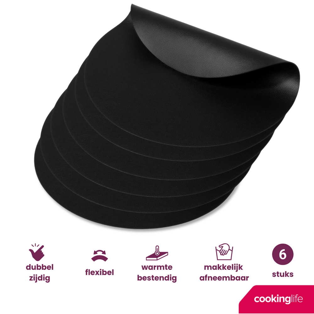 Cookinglife Placemats - Afwasbaar - Zwart - ø 38 cm - 6 stuks