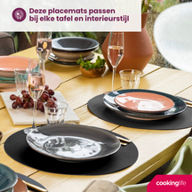 Cookinglife 6 Placemats + 6 Onderzetters - Rond - Afwasbaar - Zwart