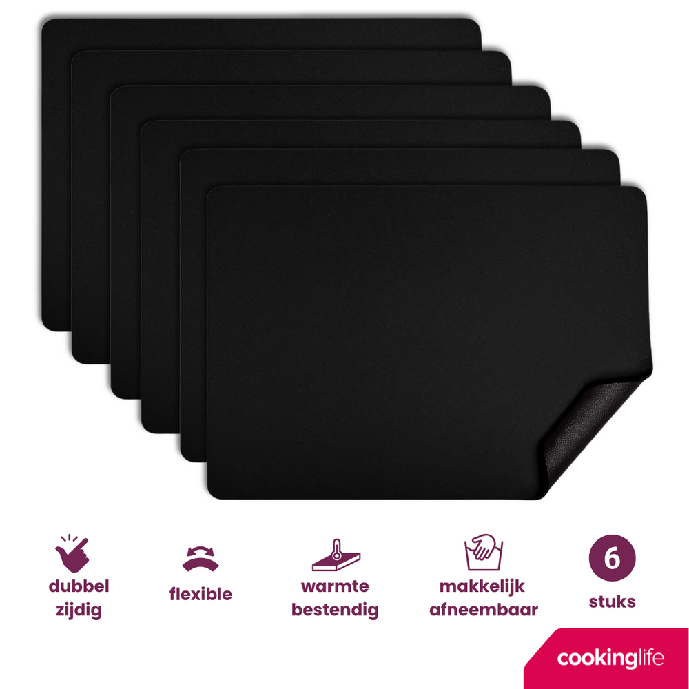 Cookinglife Placemats - Afwasbaar - Zwart - 46 x 33 cm - 6 stuks
