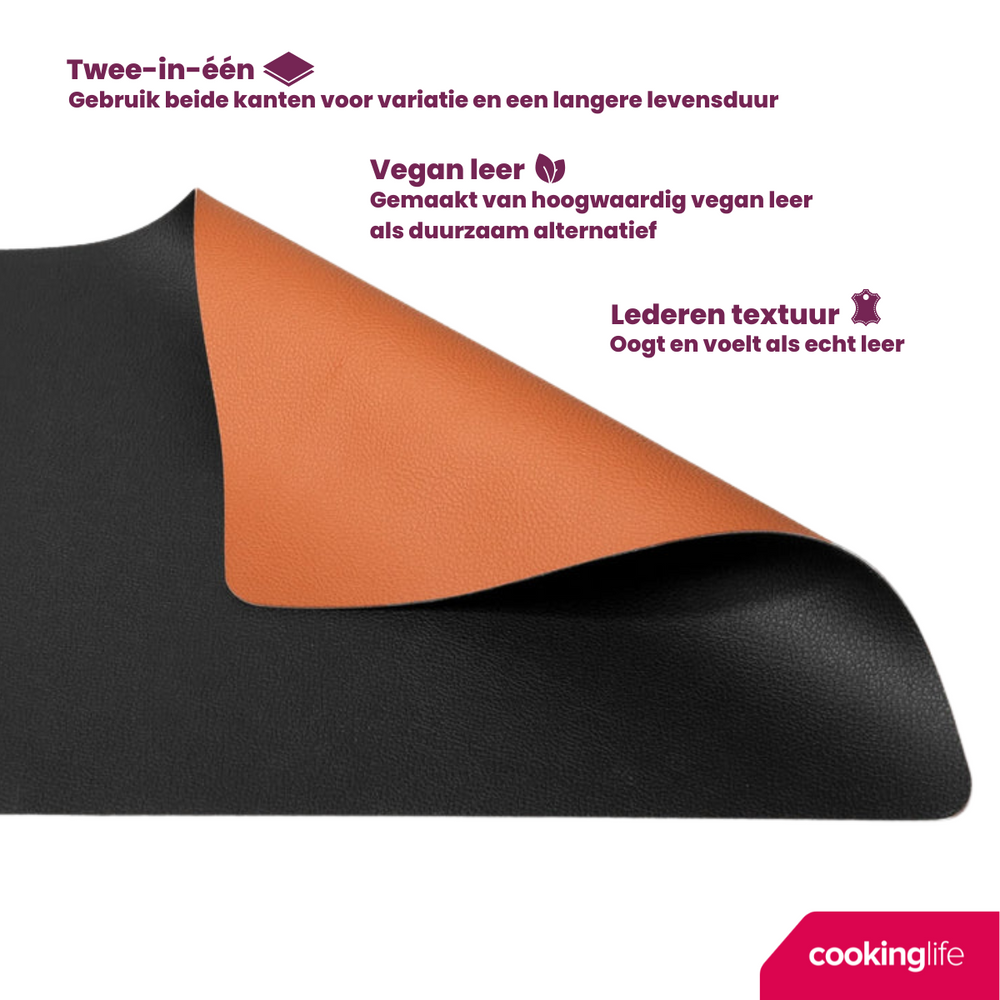 Cookinglife Placemats - Dubbelzijdig - Afwasbaar - Cognac / Zwart 46 x 33 cm - 6 Stuks