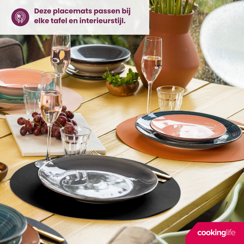Cookinglife Placemats - Dubbelzijdig - Afwasbaar - Cognac / Zwart ø 38 cm - 6 Stuks