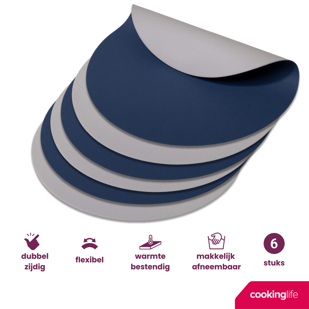 Cookinglife Placemats - Dubbelzijdig - Afwasbaar - Grijs / Blauw ø 38 cm - 6 Stuks