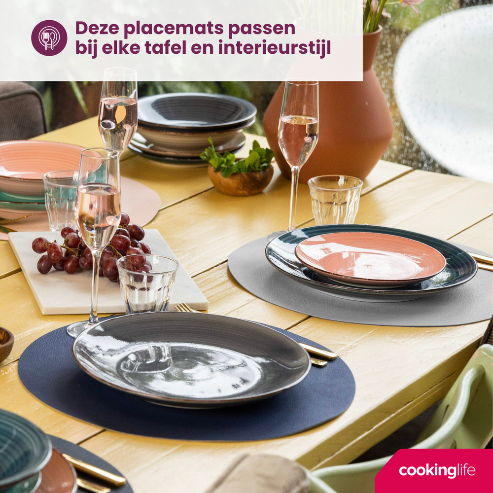 Cookinglife Placemats - Dubbelzijdig - Afwasbaar - Grijs / Blauw ø 38 cm - 6 Stuks
