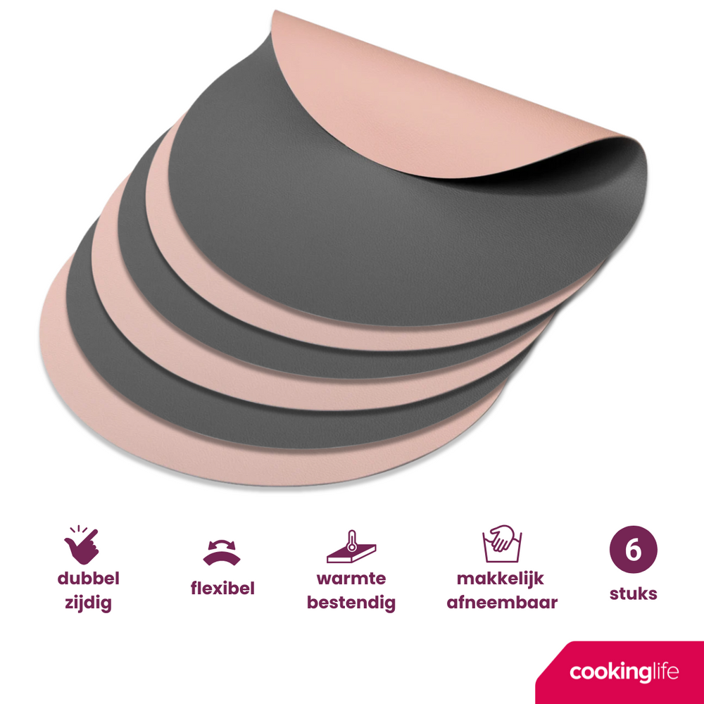 Cookinglife Placemats - Dubbelzijdig - Afwasbaar - Grijs / Roze ø 38 cm - 6 Stuks