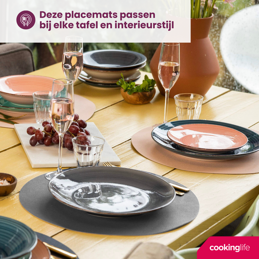 Cookinglife Placemats - Dubbelzijdig - Afwasbaar - Grijs / Roze ø 38 cm - 6 Stuks
