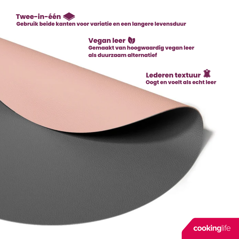 Cookinglife Placemats - Dubbelzijdig - Afwasbaar - Grijs / Roze ø 38 cm - 6 Stuks