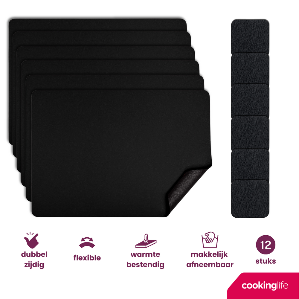Cookinglife 6 Placemats + 6 Onderzetters - Afwasbaar - Zwart