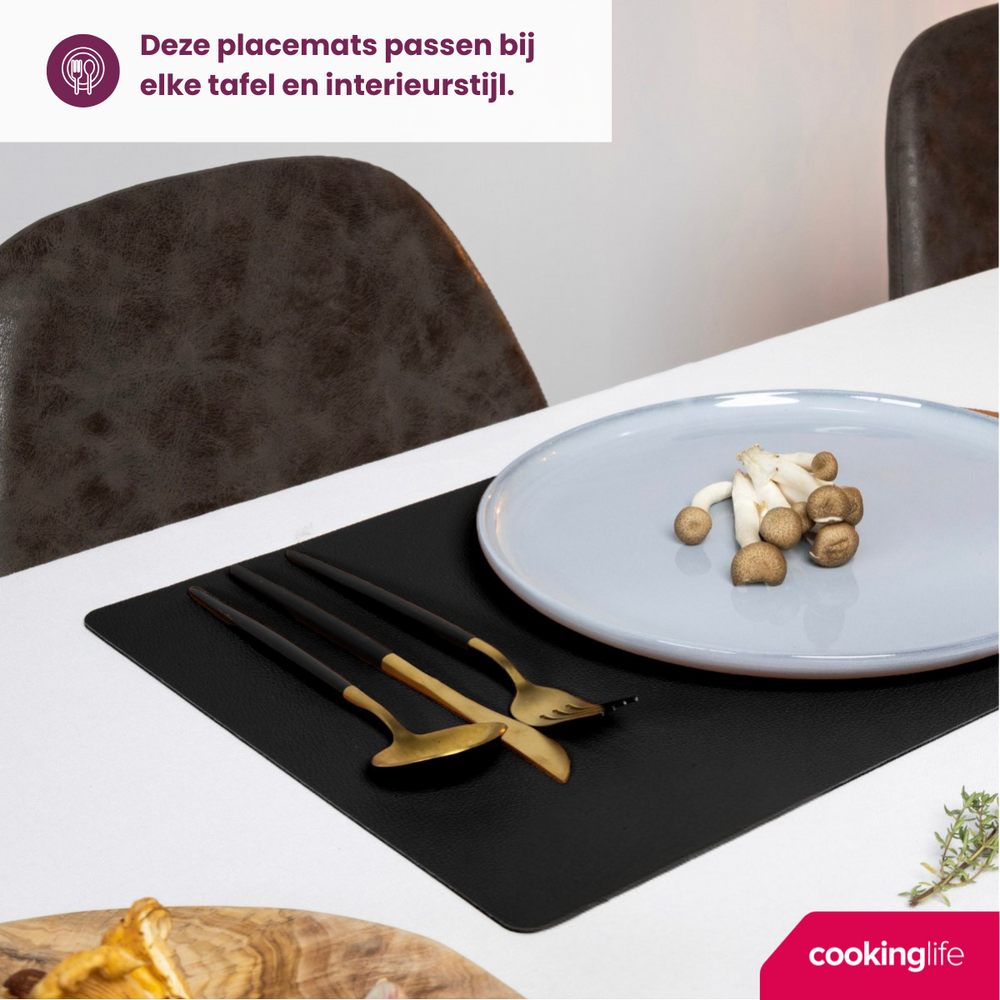 Cookinglife 6 Placemats + 6 Onderzetters - Afwasbaar - Zwart