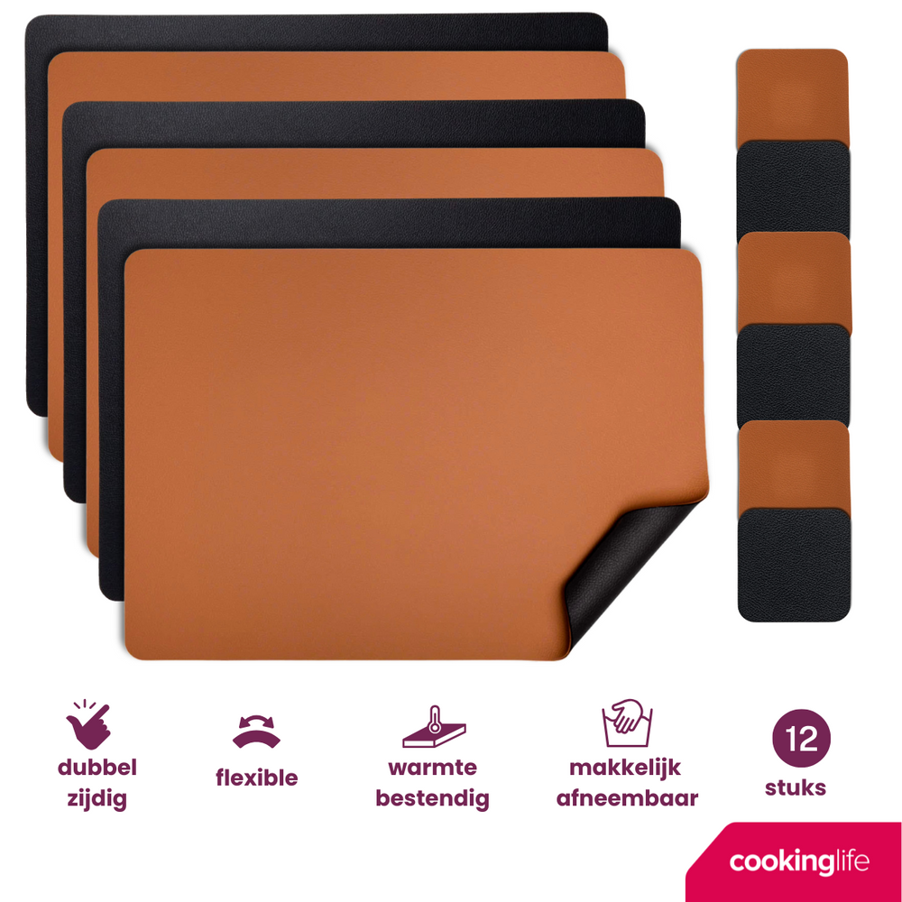 Cookinglife 6 Placemats + 6 Onderzetters - Dubbelzijdig - Afwasbaar - Zwart / Cognac