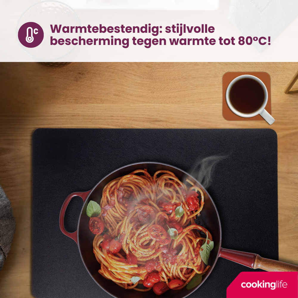 Cookinglife 6 Placemats + 6 Onderzetters - Dubbelzijdig - Afwasbaar - Zwart / Cognac