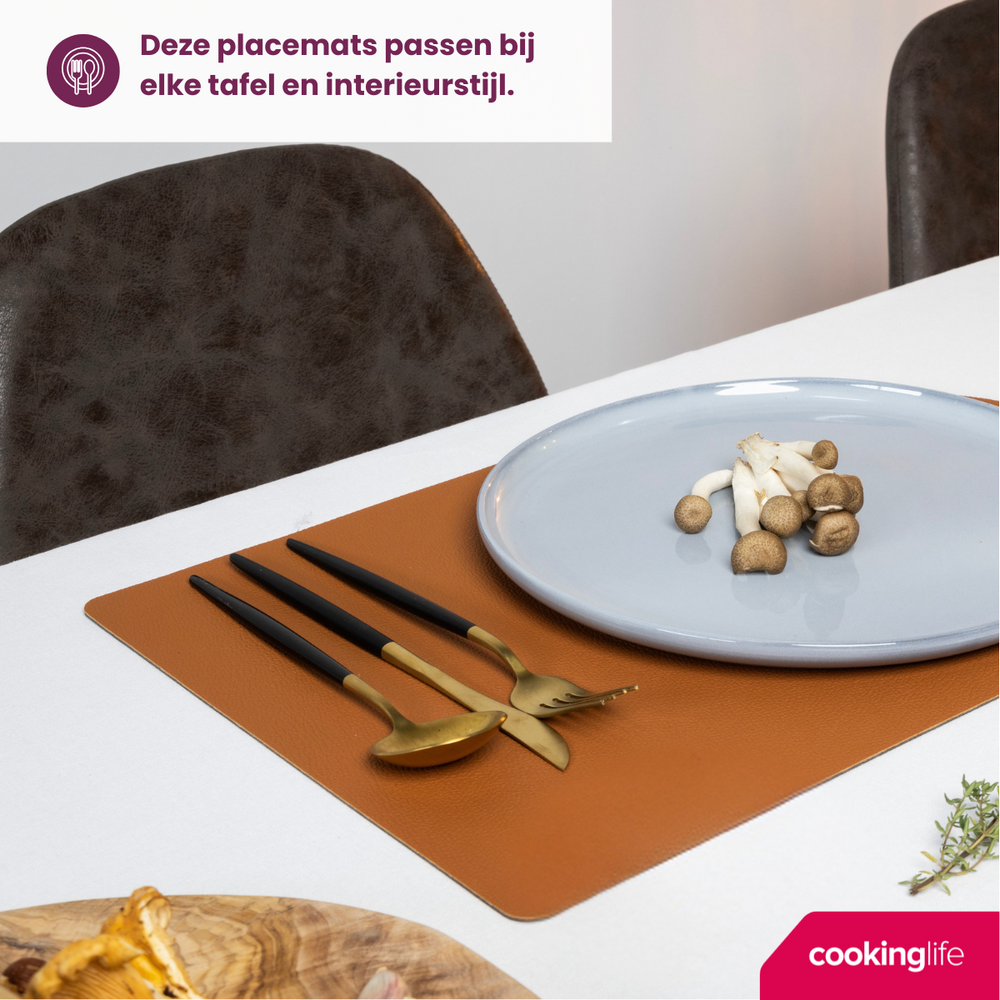 Cookinglife 6 Placemats + 6 Onderzetters - Dubbelzijdig - Afwasbaar - Zwart / Cognac