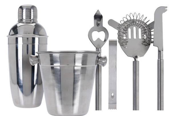 Cookinglife Barset RVS 6-Delig - Cocktailshaker, Ijsemmer, Zeef, Flesopener, Tang en Mes