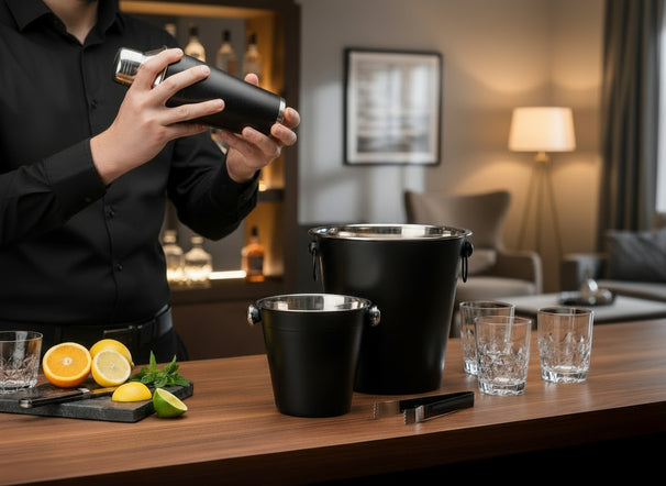 Cookinglife Barset Zwart 4-Delig - Cocktailshaker, Champagnekoeler, Ijsemmer en Tang