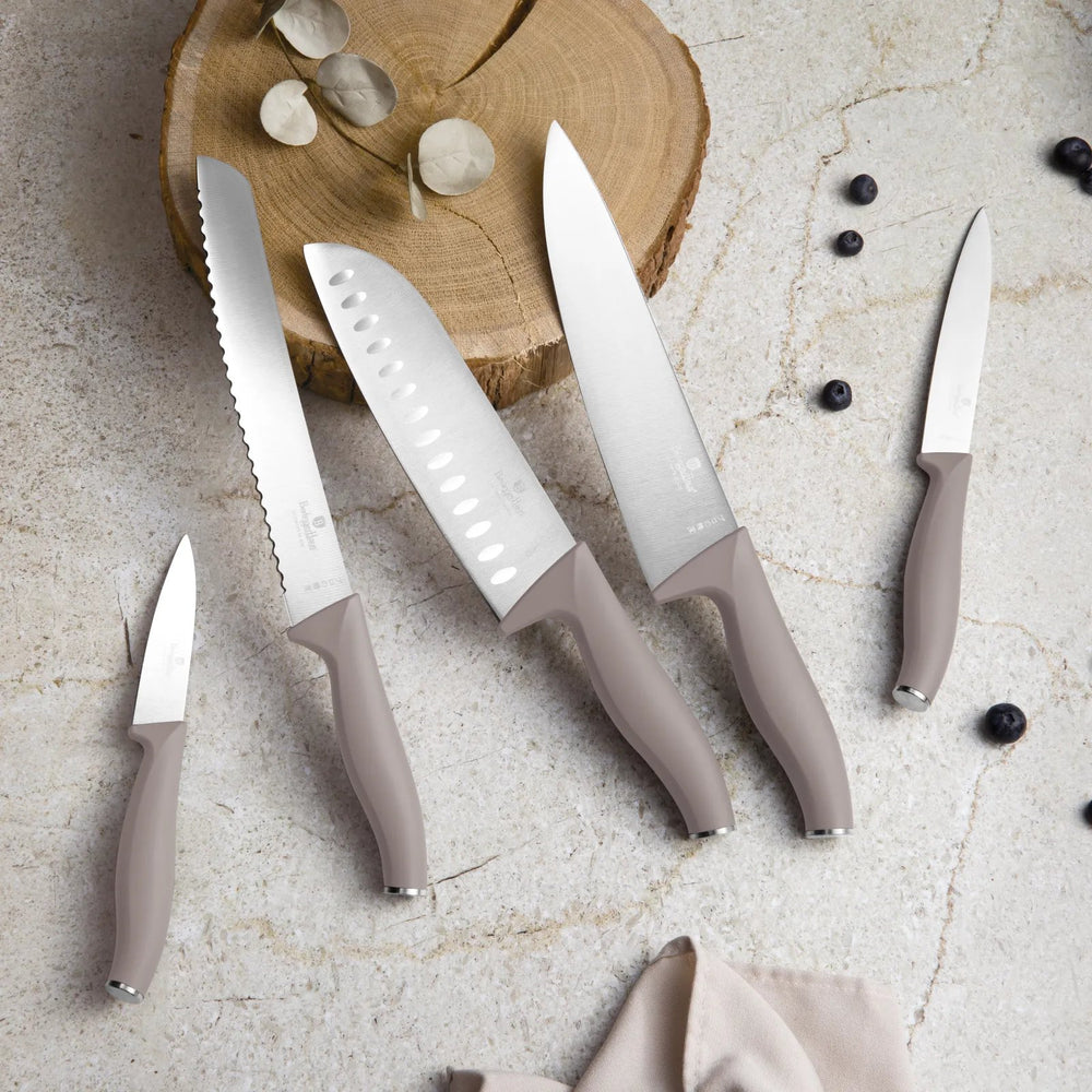 Berlinger Haus Messenset met Messenmagneetstrip Acaciahout Taupe - 6-delig - Koksmes, Broodmes, Santokumes, Officemes & Schilmes