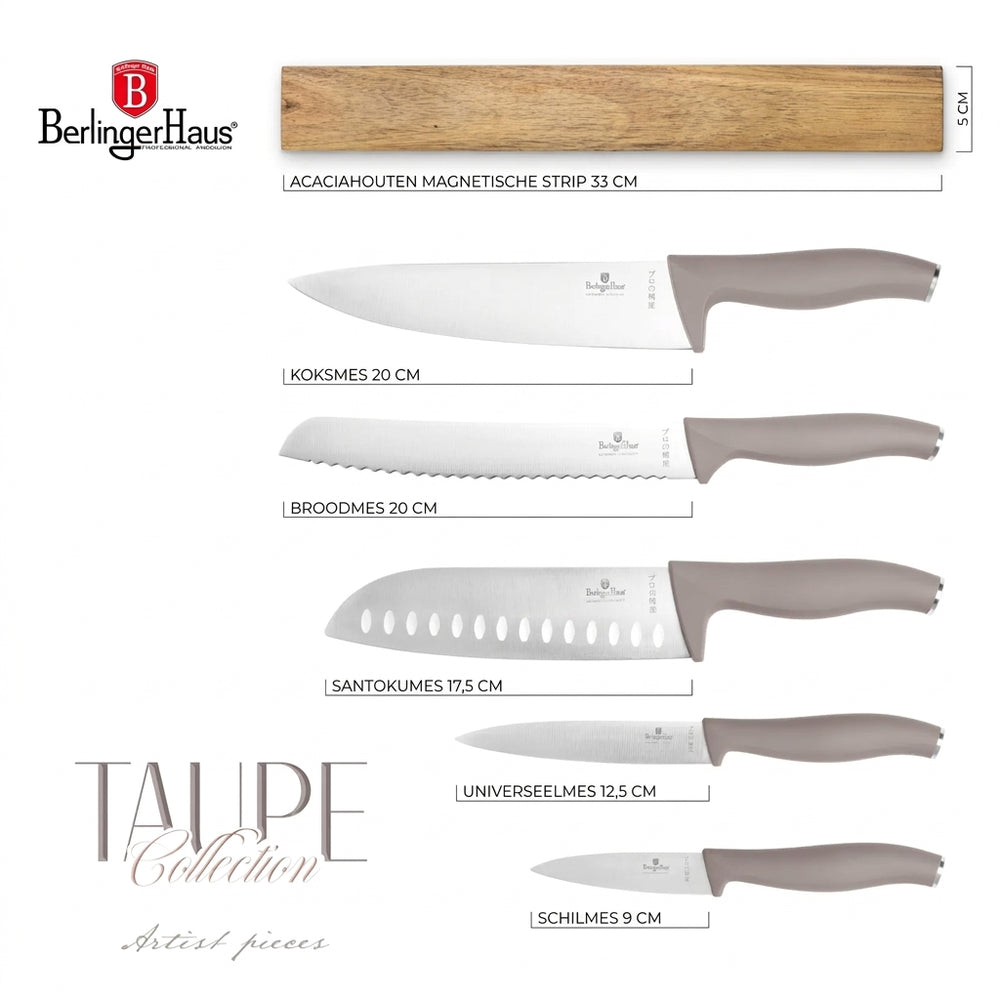 Berlinger Haus Messenset met Messenmagneetstrip Acaciahout Taupe - 6-delig - Koksmes, Broodmes, Santokumes, Officemes & Schilmes