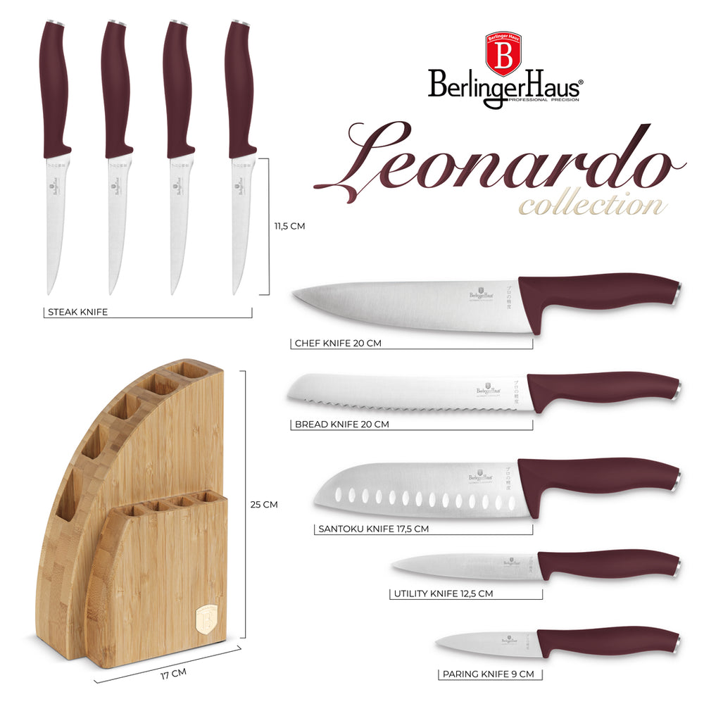 BerlingerHaus Messenblok Mat Bordeaux 10-delig - Koksmes, Broodmes, Santokumes, Officemes, Schilmes & 4 Steakmessen