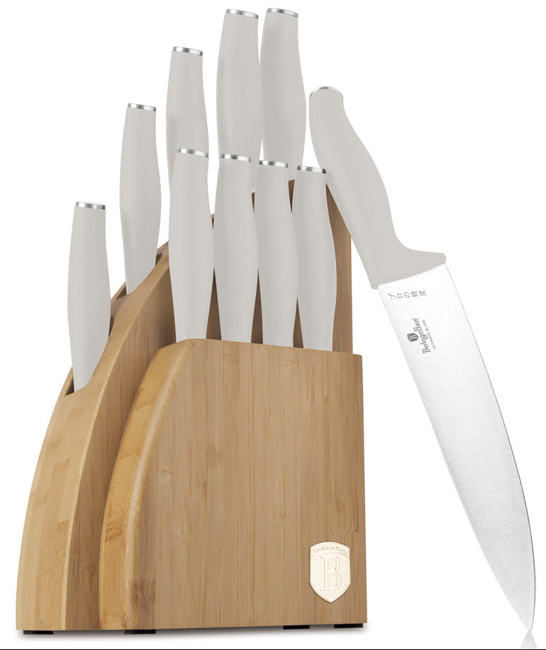 Berlinger Haus Messenblok Mat Crème 10-delig - Koksmes, Broodmes, Santokumes, Officemes, Schilmes & 4 Steakmessen