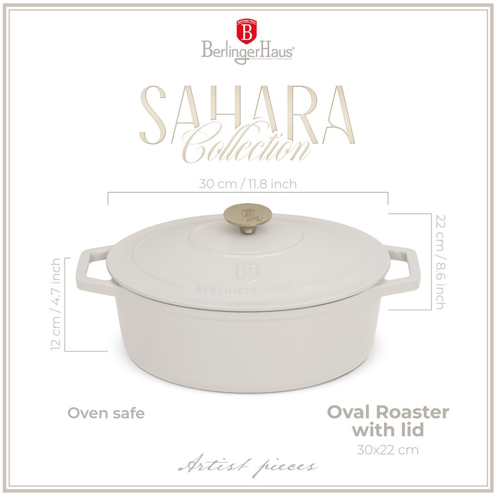 Berlinger Haus Braadpan Mat Crème Ovaal - Gietijzer - 30 x 22 cm - geschikt voor alle warmtebronnen - geëmailleerde anti-aanbaklaag