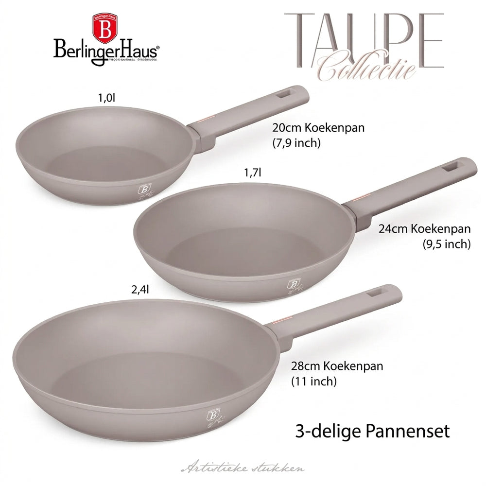 Berlinger Haus Koekenpannenset Taupe 3-Delig - ø 20, 24 & 28 cm - geschikt voor alle warmtebronnen - standaard anti-aanbaklaag