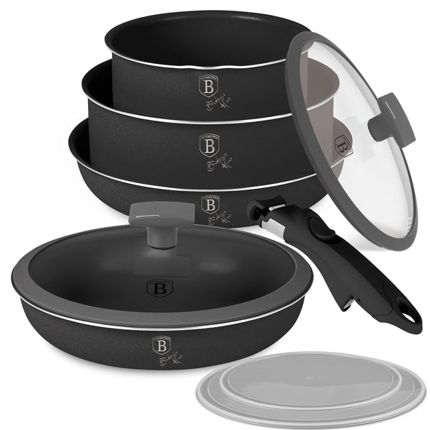 BerlingerHaus Pannenset Click-it Mat Antraciet 6-delig - Kookpan ø 16 & 20 cm, Koekenpan ø 20 & 24 cm - geschikt voor alle warmtebronnen